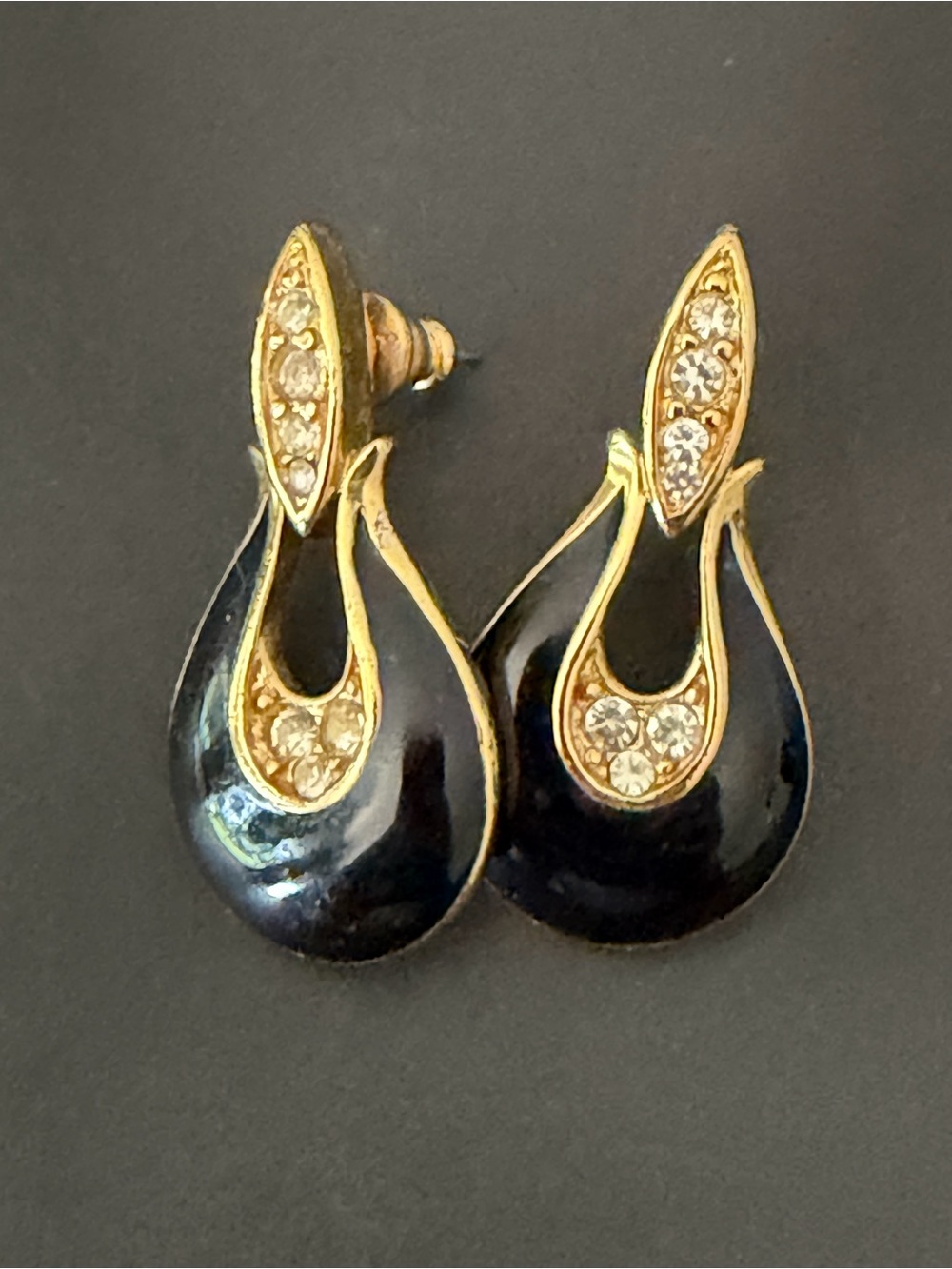 Trifari Black Enamel Teardrop Earrings with Gold-Tone and Clear Rhinestones